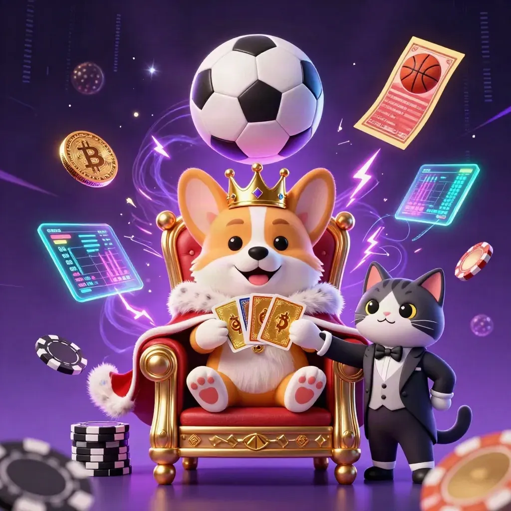 Royal corgi and cat butler amid neon coins, lightning, and purple casino energy.
