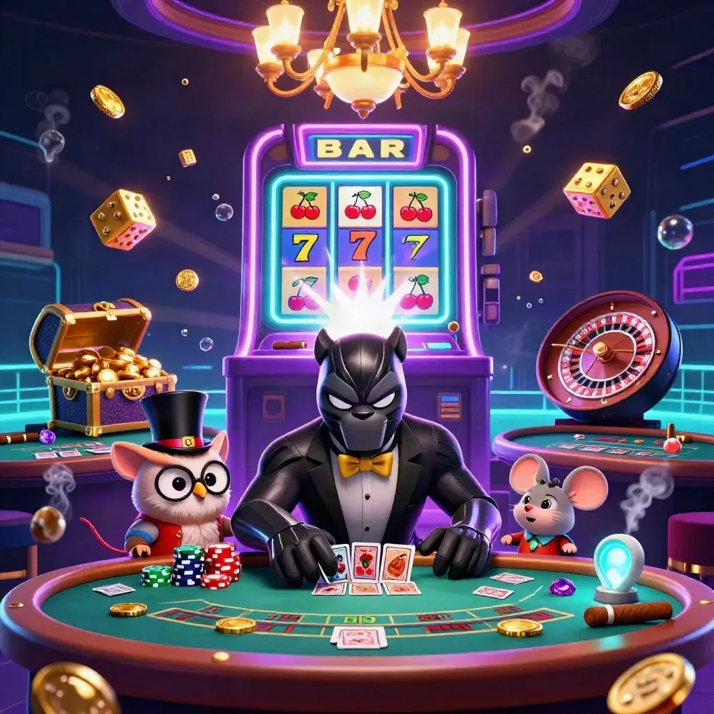 Panther, owl, and mouse amid neon casino riches, slot burst, roulette spin, and glowing gold loot
