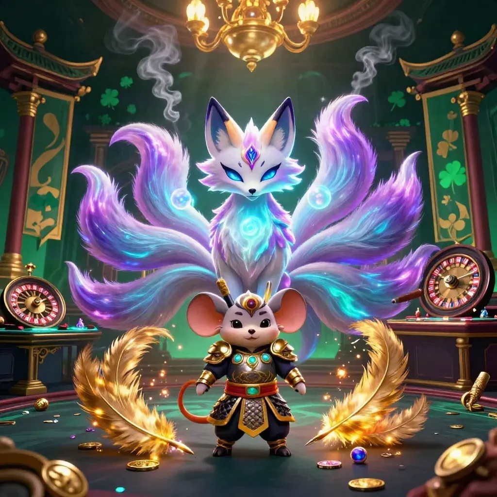 Neon fox spirit and armored mouse in a luxe casino room with embers, coins, and torchlight.