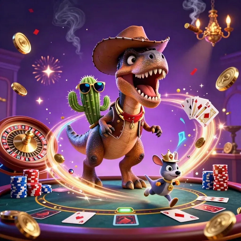 Cowboy T-Rex, cactus sidekick and sheriff roadrunner in a neon casino blast of coins, cards and sparks