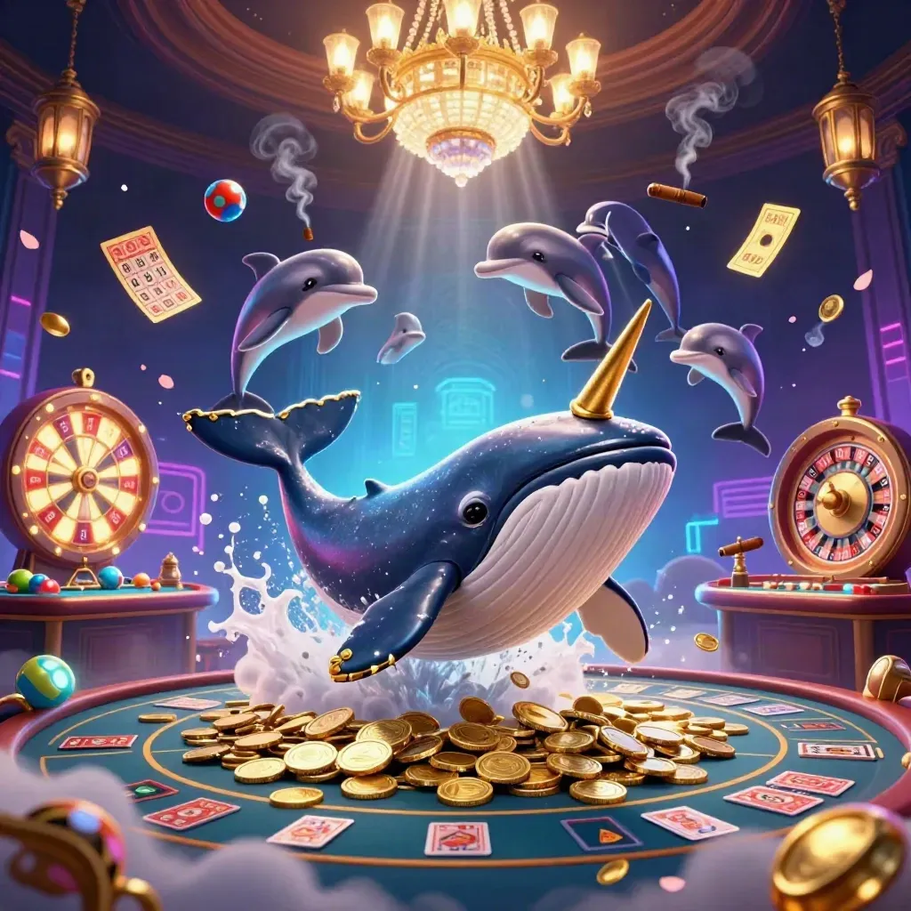 Whale captain, narwhal, and dolphins in a neon casino scene with coins, fog, and gold light.