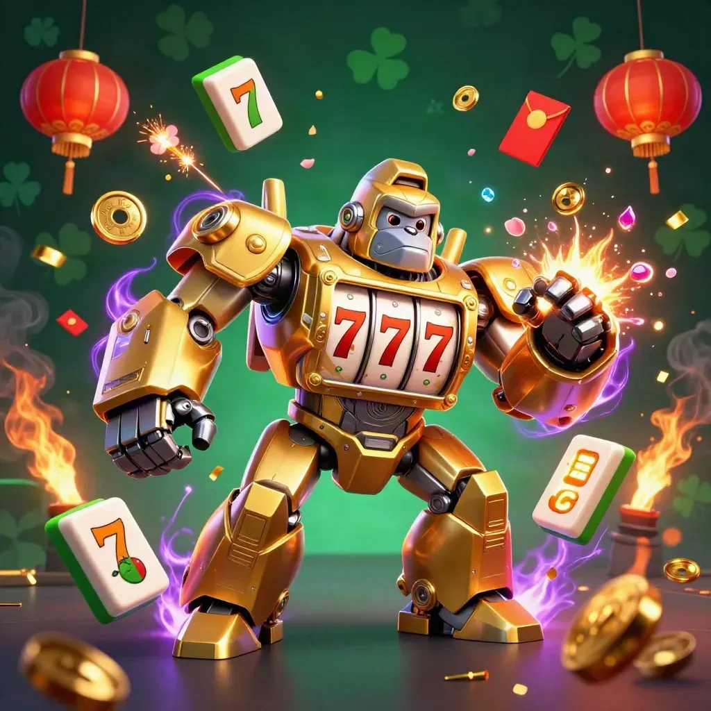 Golden gorilla mech with monkey pilot, slot reels, lanterns, coins, fireworks, and neon casino energy.