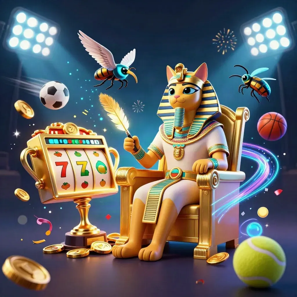 Pharaoh cat, ibis scribe, and gem scarabs amid sports balls, trophies, coins, and neon casino energy.