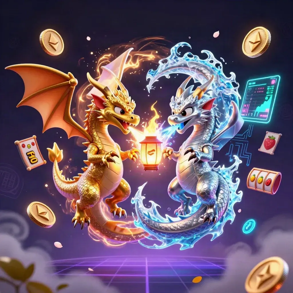 Twin gold and silver dragons spiral with fire and ice amid neon crypto casino effects.