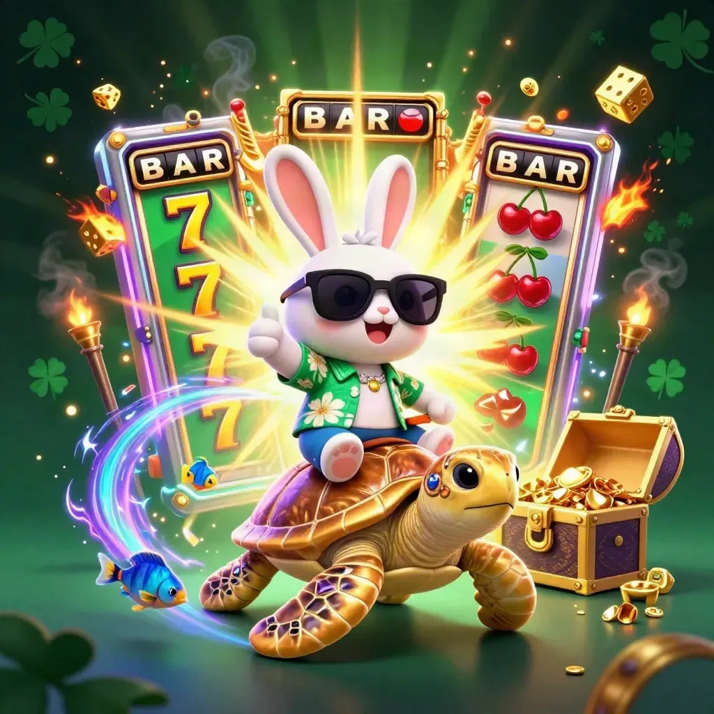 Lucky rabbit on a gem-backed turtle as slots, dice, and treasure burst in neon purple.