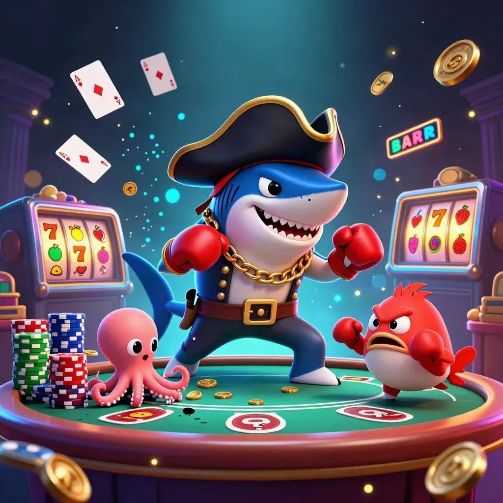 Pirate shark, red boxing pufferfish, and coin-juggling octopus amid neon poker chaos and treasure.