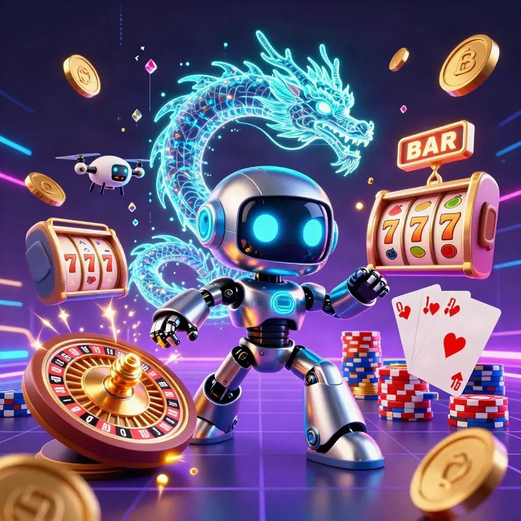 Cyberpunk robot, holographic dragon, and drone amid coins, chips, cards, and neon casino effects