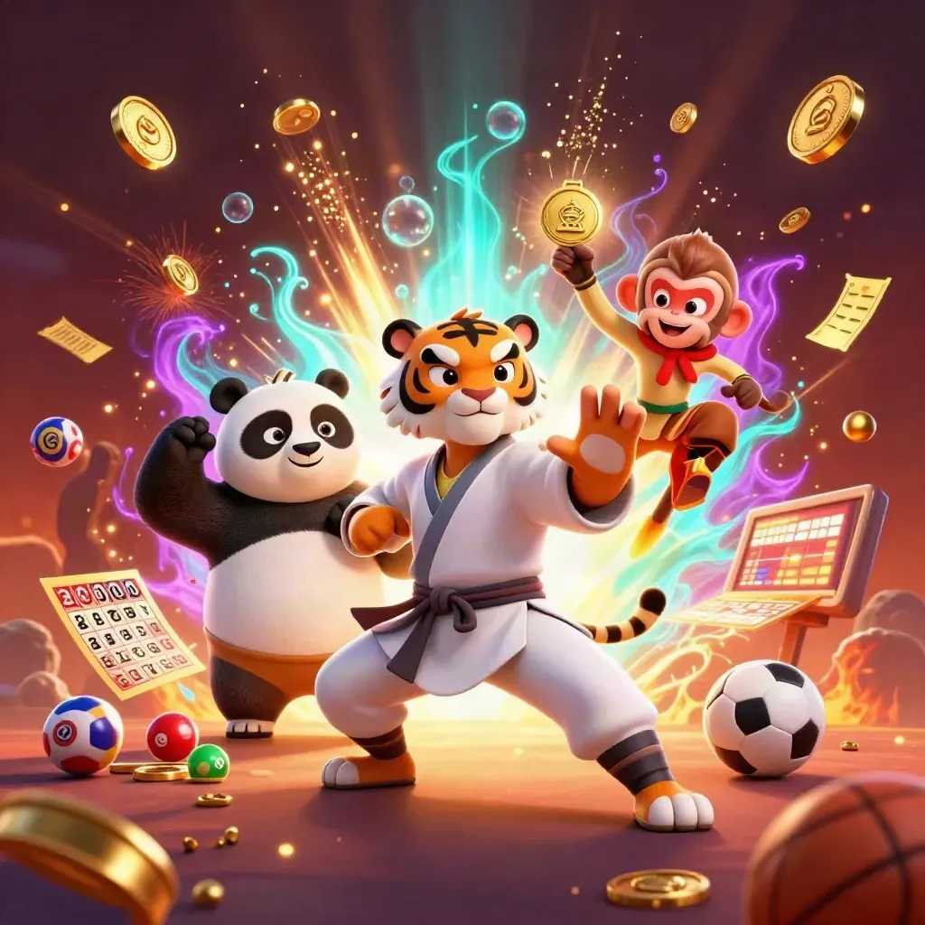 Tiger, panda, and monkey celebrate amid coins, fireworks, and casino game icons.