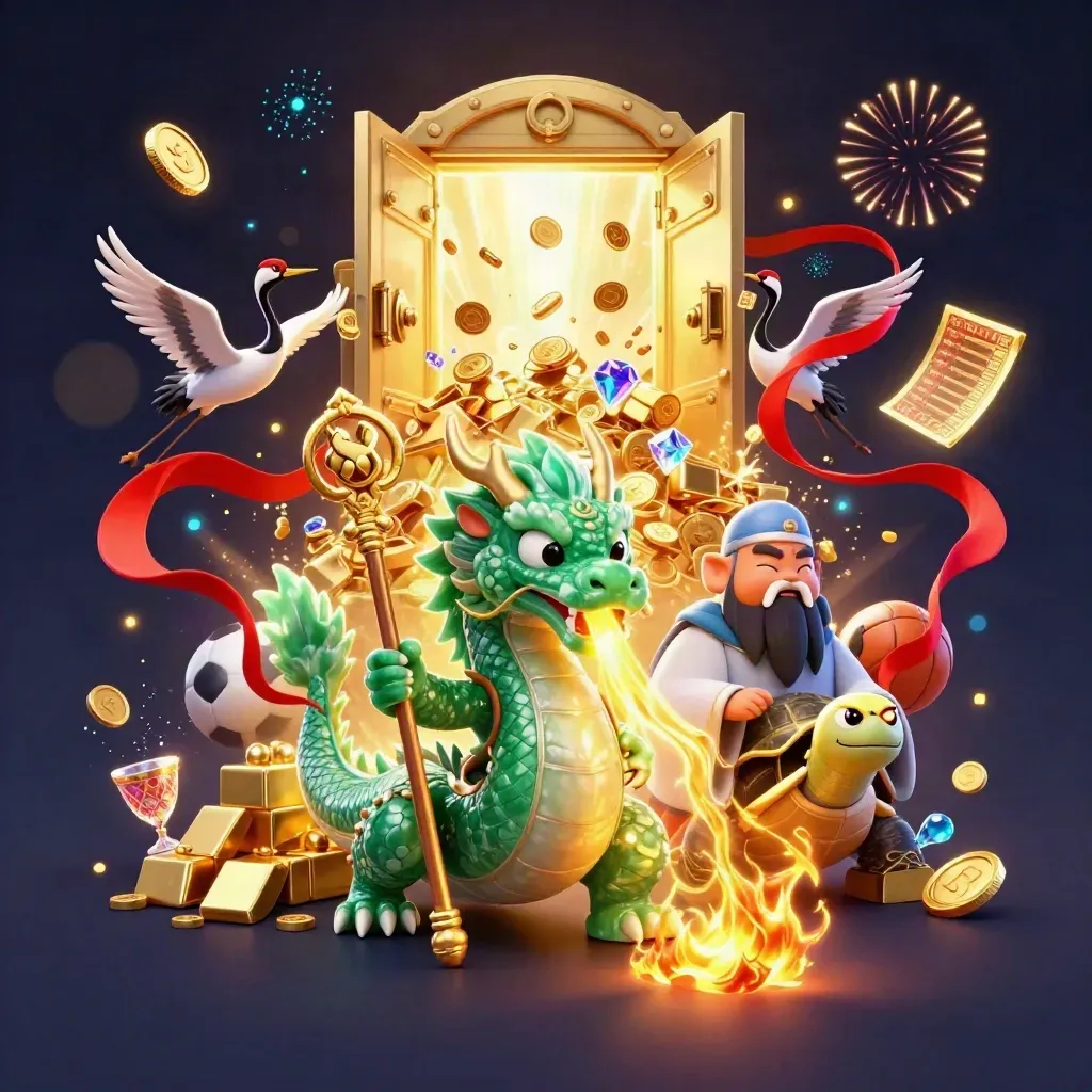 Emerald dragon, turtle sage, and cranes burst from a golden vault with coins and fireworks.