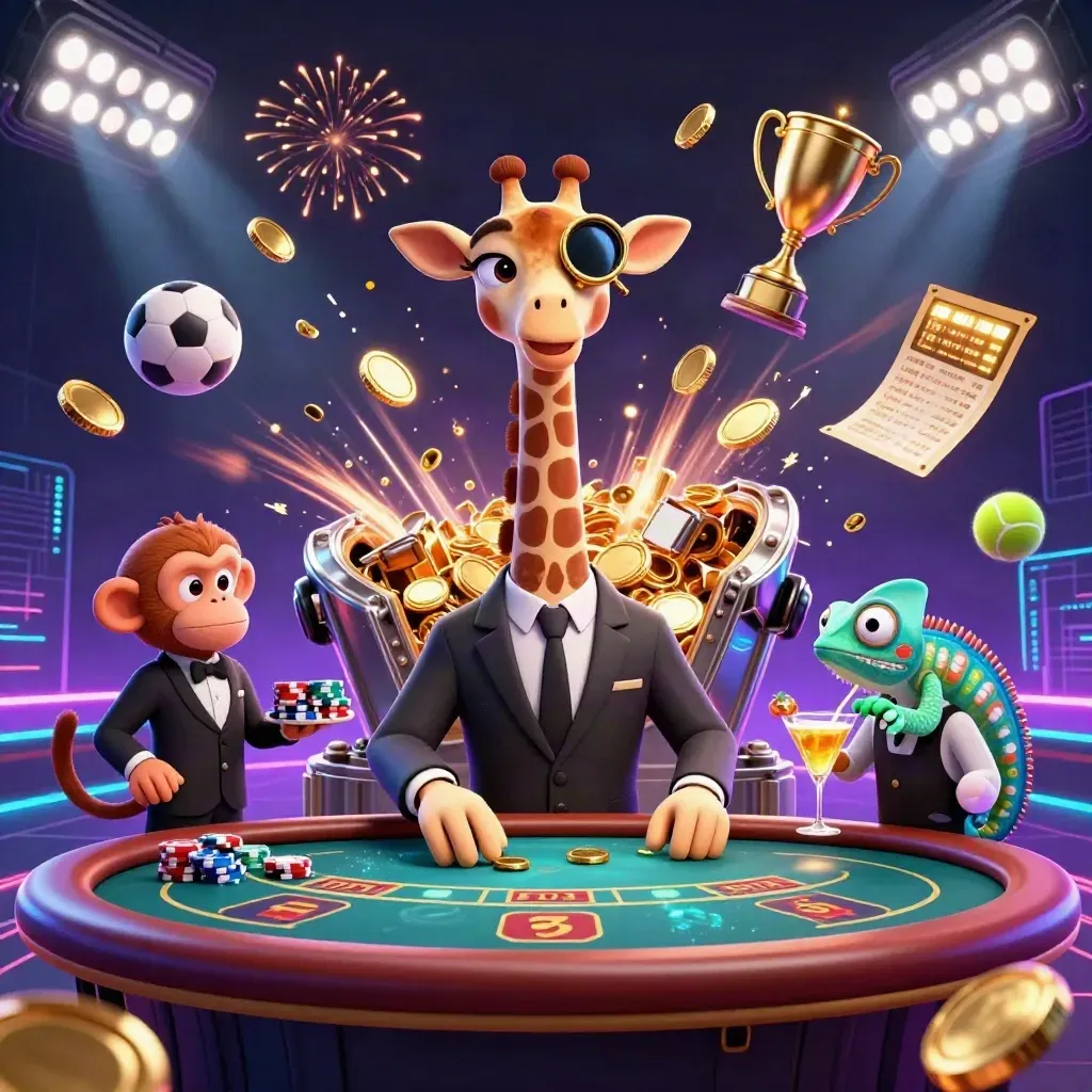 Giraffe, monkey, and chameleon celebrate amid coins, sports balls, fireworks, and neon casino light.