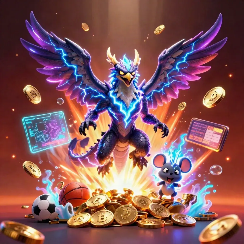 Thunder dragon, hawk, and mouse amid neon coins, esports props, and fireworks