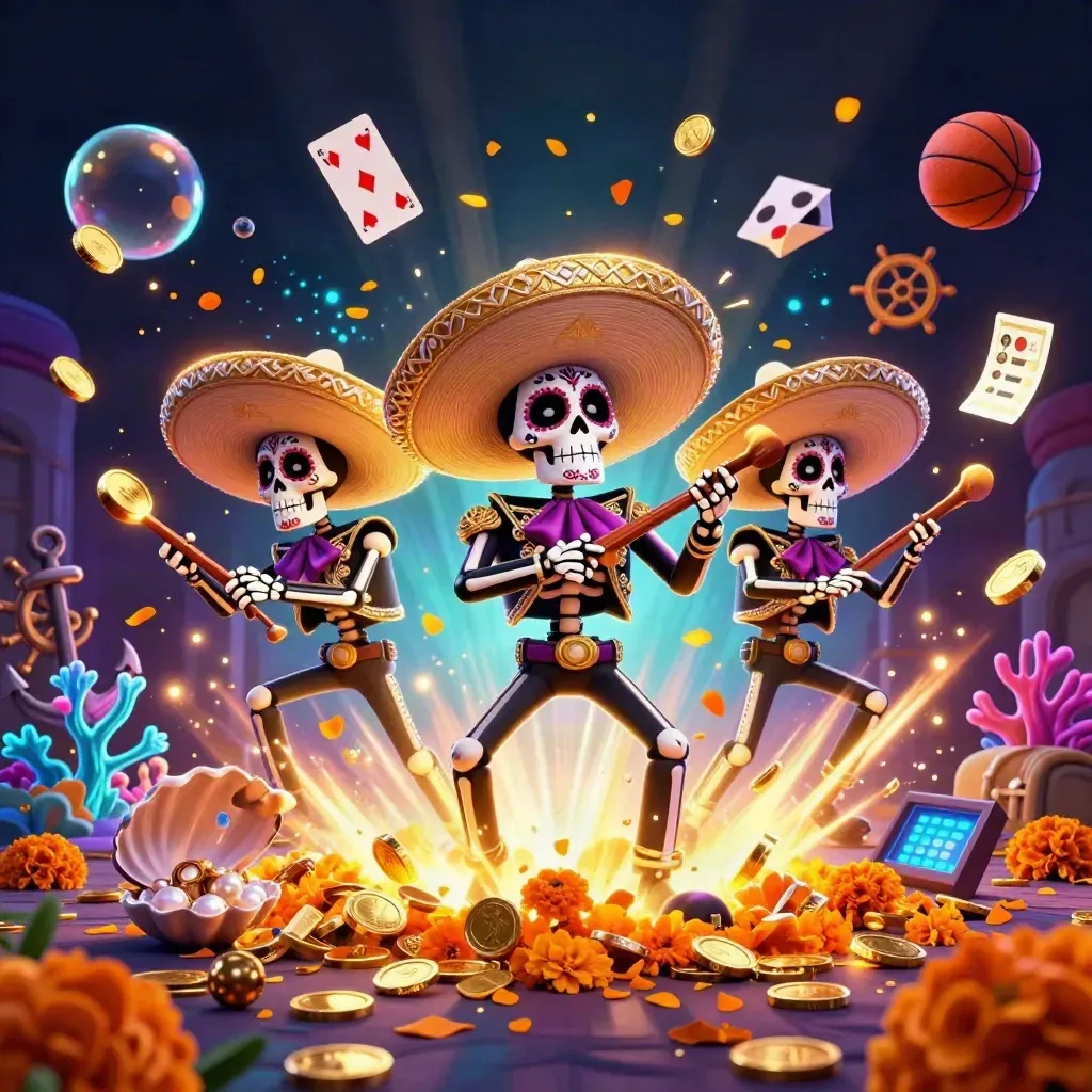 Skeleton mariachi trio in a neon treasure cove with coins, coral, cards, sports props, and fireworks