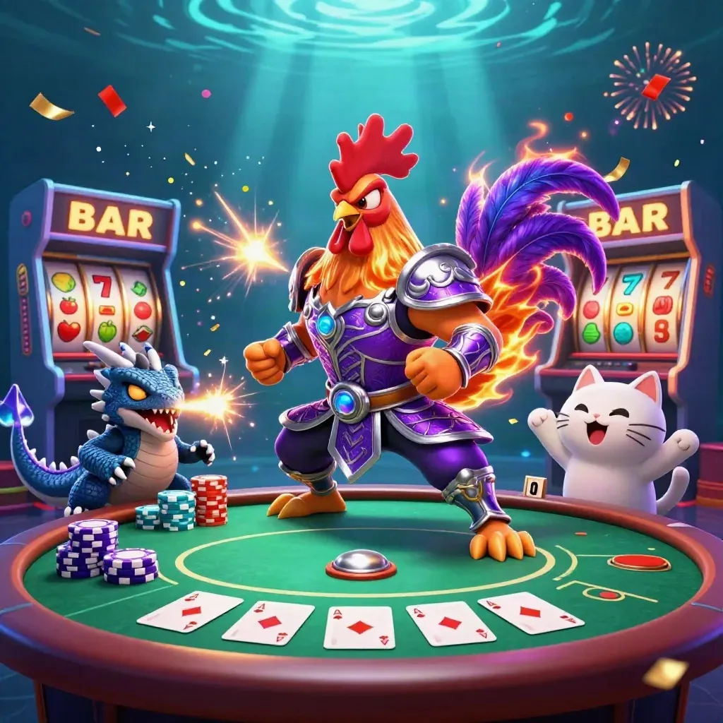 Rooster warrior, dragon hatchling and fortune cat over poker chips, reels and neon casino effects.