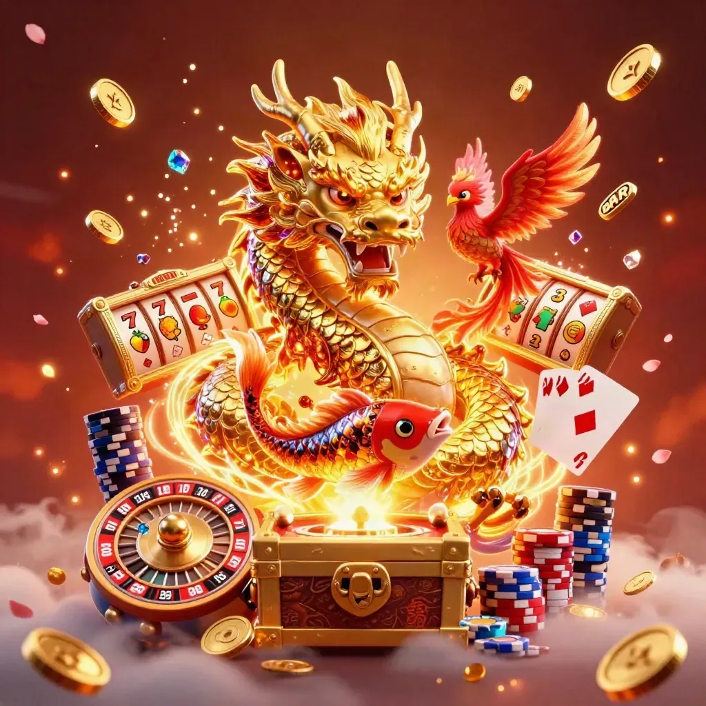 Golden dragon, phoenix, koi and casino symbols explode in neon dark fantasy key art.
