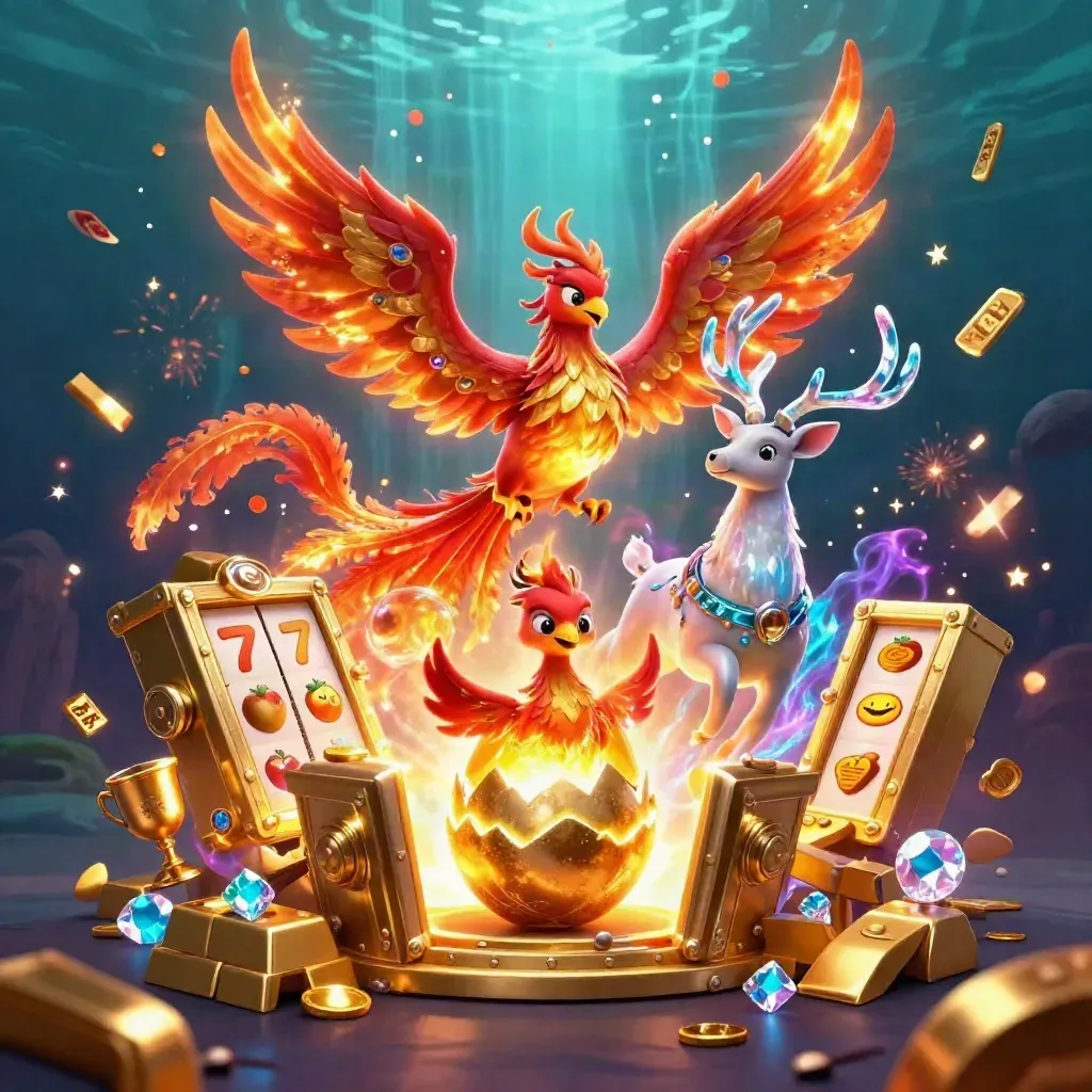 Phoenix, hatchling, and stag amid treasure, reels, and neon magic in a dark casino fantasy.