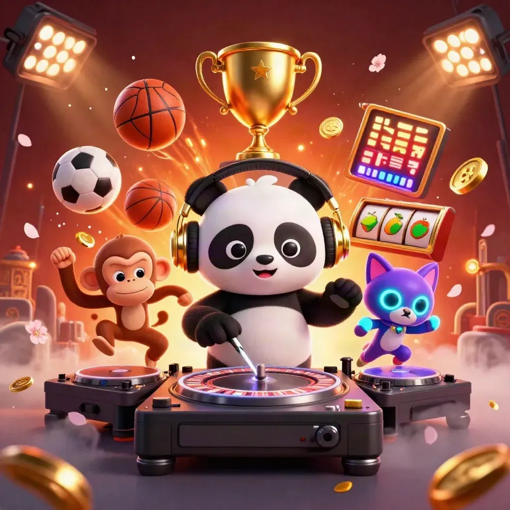 Panda DJ, dancing monkey, and glow-stick kitten in neon casino chaos with sports balls and gold effects.