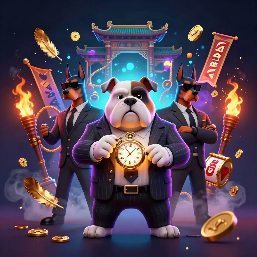 Bulldog boss and two Doberman guards amid casino relics, neon sparks, and a temple ring.