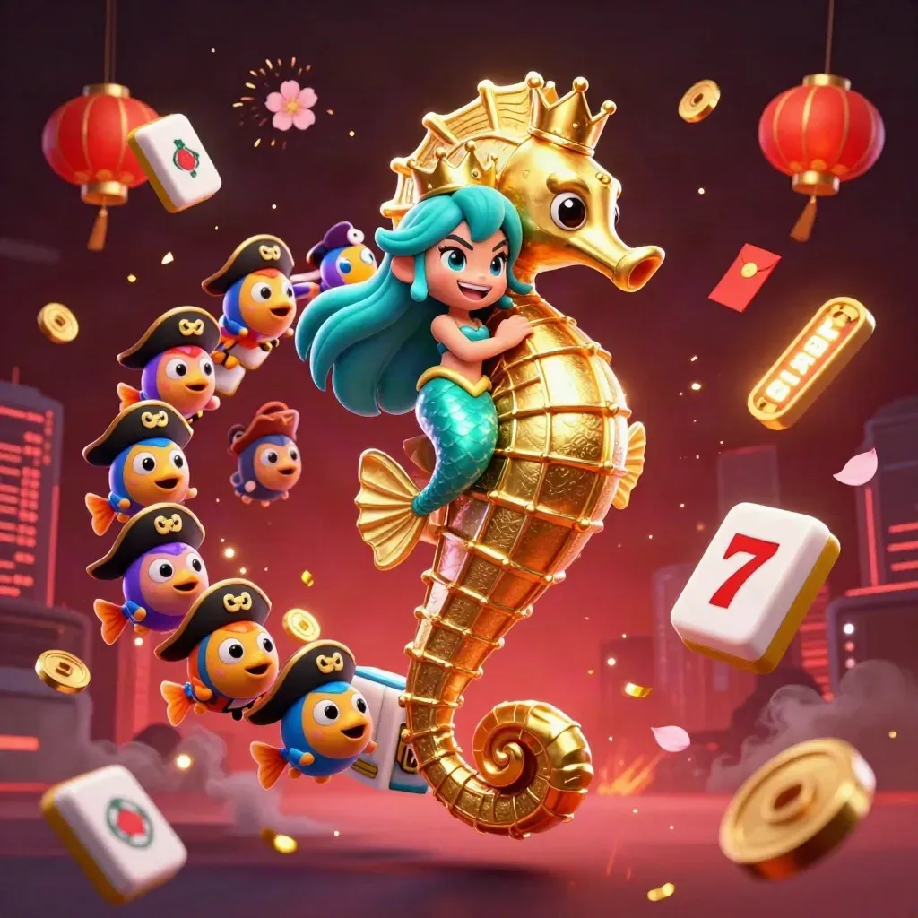 Mermaid princess rides armored seahorse amid pirate fish, coins, lanterns, fireworks, and neon casino effects.