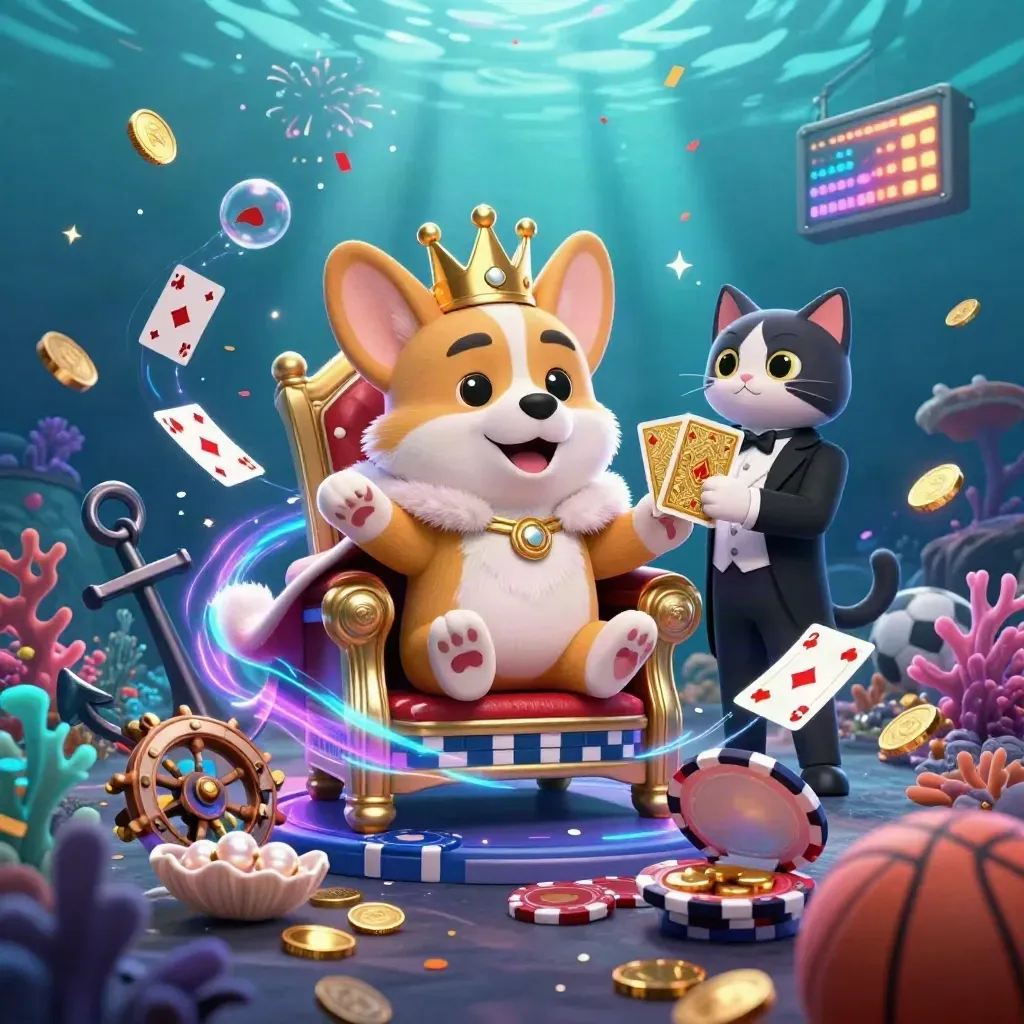 Royal corgi king and cat butler amid gold coins, coral, cards, and neon underwater effects
