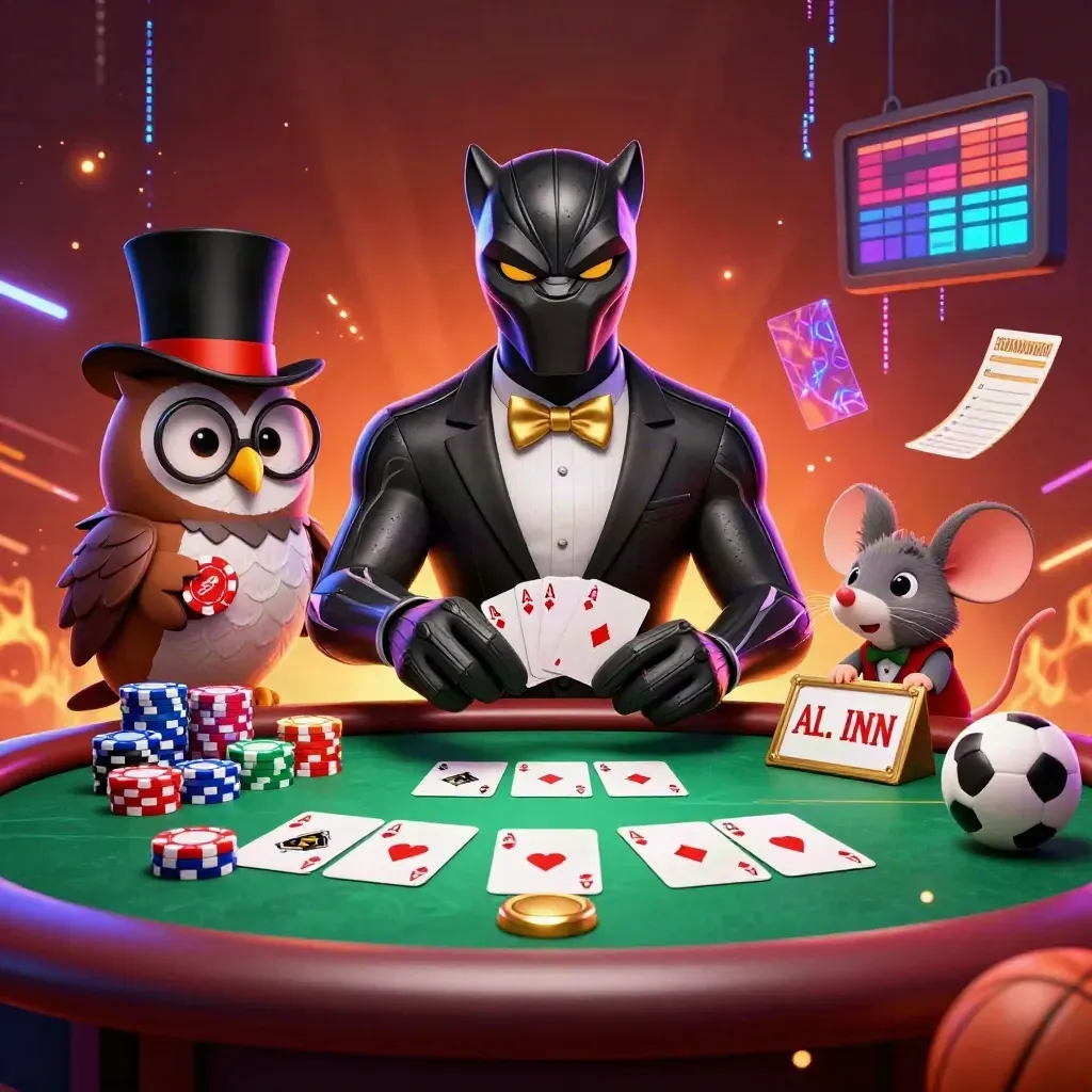 Panther, owl, and mouse at a neon poker table with chips, cards, and glowing sports betting props