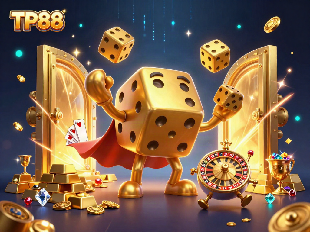 Engage with TP88's thrilling gaming experience featuring golden dice and treasures.