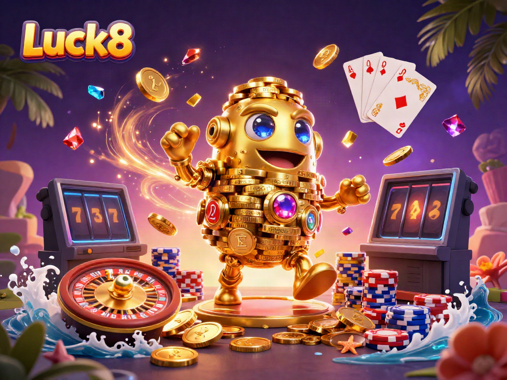 Experience the thrill of Luck8 with dynamic 3D illustrations of a golden golem and casino elements.