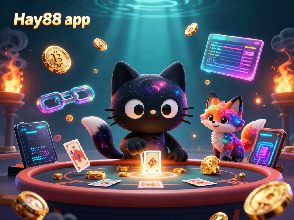 Engage with the Hay88 app in a vibrant cosmic casino scene featuring animated characters and digital elements.