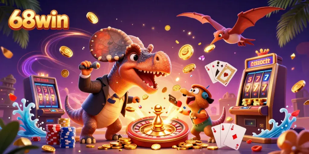 Experience the excitement of 68win's jackpot with animated characters amidst cascading coins and casino elements