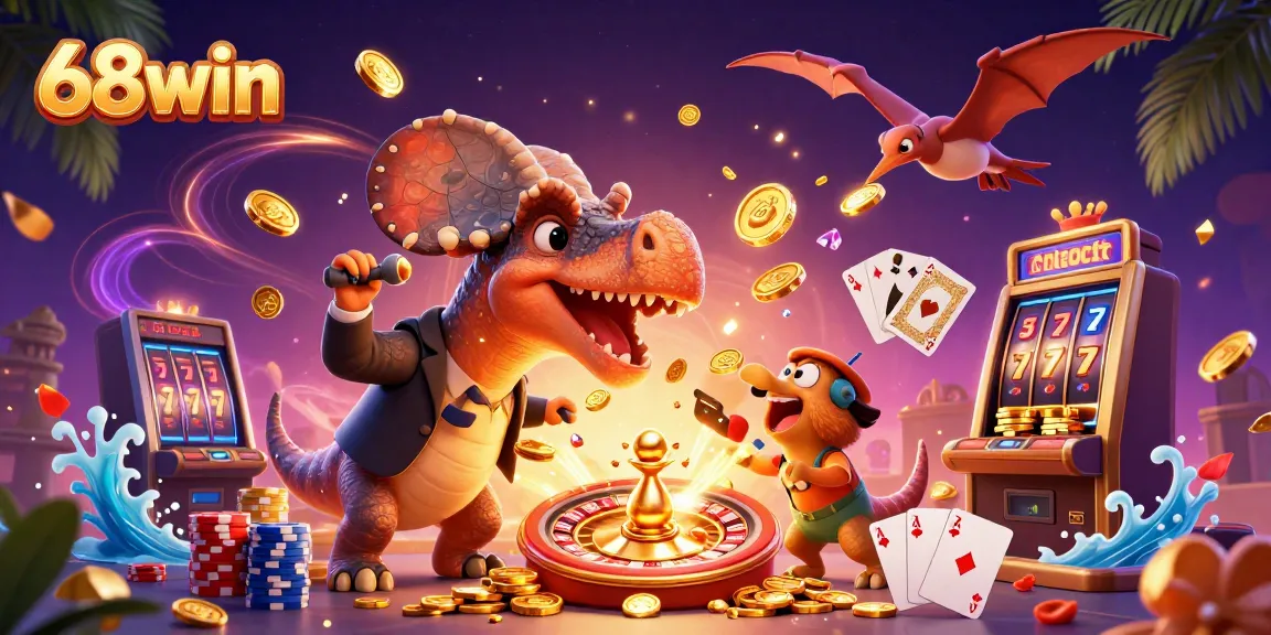 Experience the excitement of 68win's jackpot with animated characters amidst cascading coins and casino elements