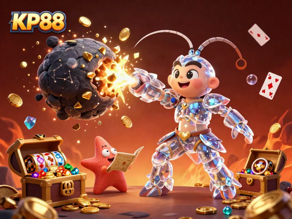 Experience thrilling gambling adventures at KP88 through a dynamic 3D scene showcasing vibrant casino elements.