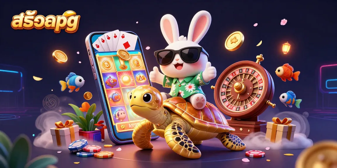 Experience the excitement of สล็อตpg with a colorful 3D illustration featuring a lucky rabbit and golden turtle.