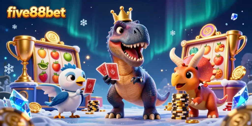 Experience thrilling gameplay at five88bet with cartoon dinosaurs engaging in casino fun.