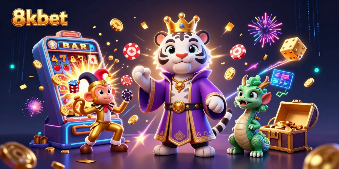 Experience thrilling adventures with 8xbet, where a cartoon white tiger meets exciting casino games.