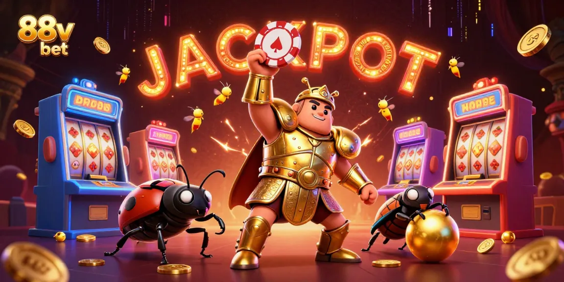 Celebrate wins with 88v bet as a herculean beetle lifts a poker chip in a vibrant casino scene.