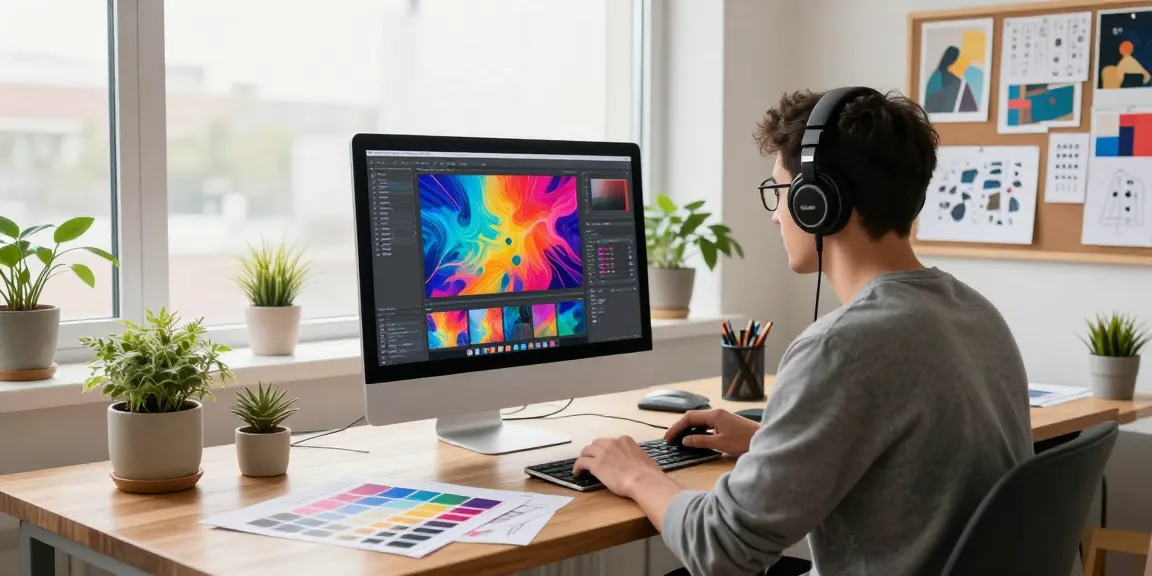 Graphic designer using an ai image editor in a vibrant digital studio