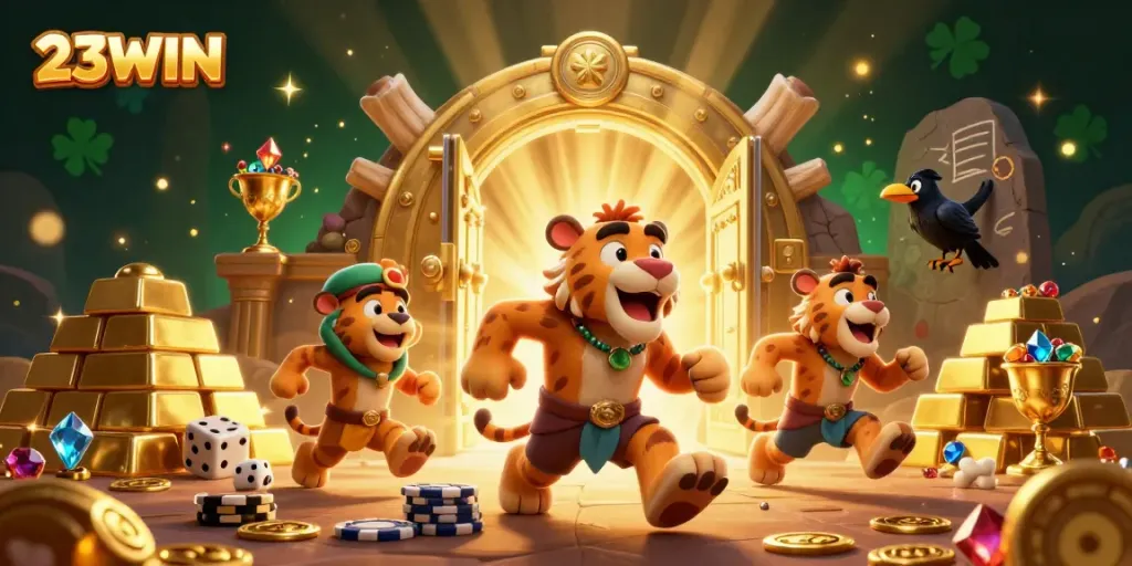 23WIN's vibrant casino scene showcases characters engaged in thrilling gaming action with dynamic elements.