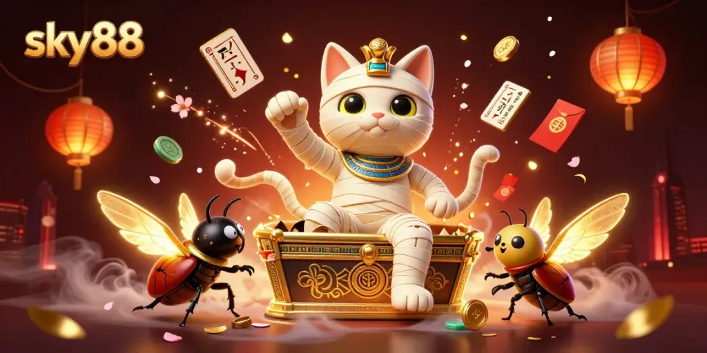 Engage with sky88's vibrant casino scene featuring an Egyptian mummy cat and lucky symbols.