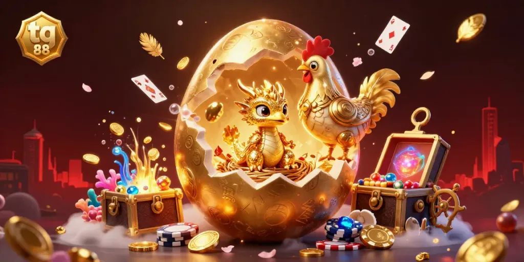 Experience the excitement of tg 88 with this colorful, detailed illustration of a golden dragon and poker chips.