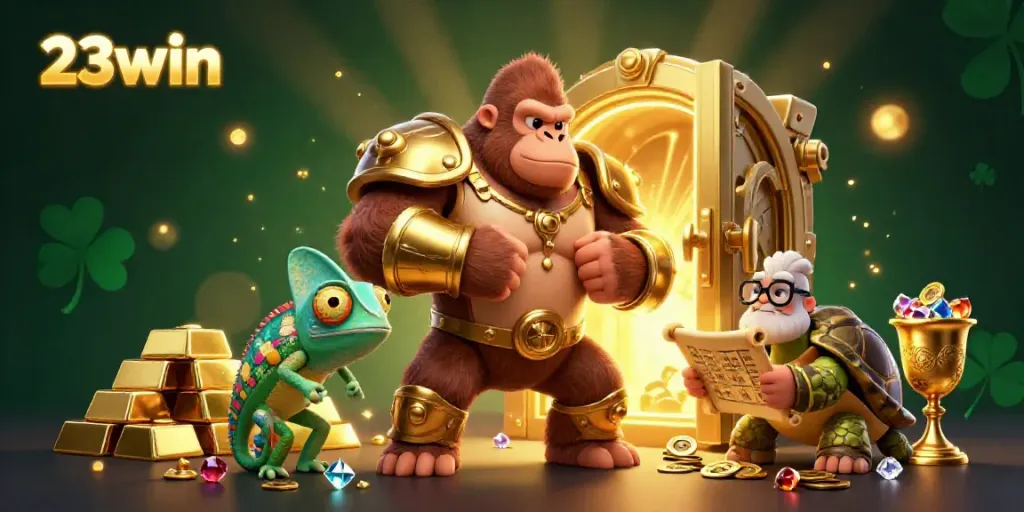 Experience the thrill of 23win with a powerful gorilla king, chameleon companion, and riches in a vibrant casino scene.