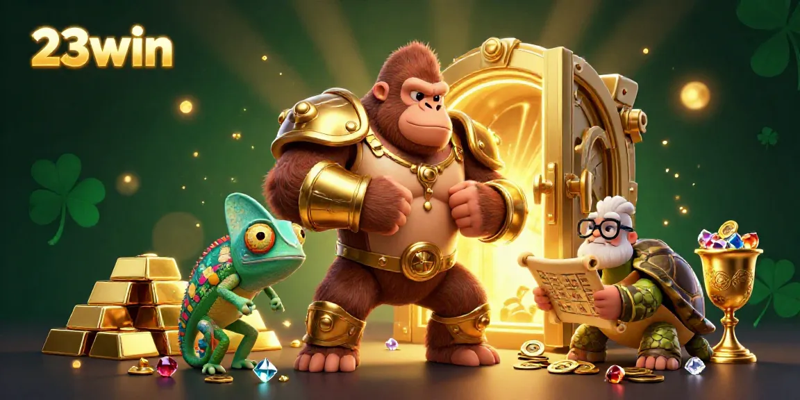 Experience the thrill of 23win with a powerful gorilla king, chameleon companion, and riches in a vibrant casino scene.