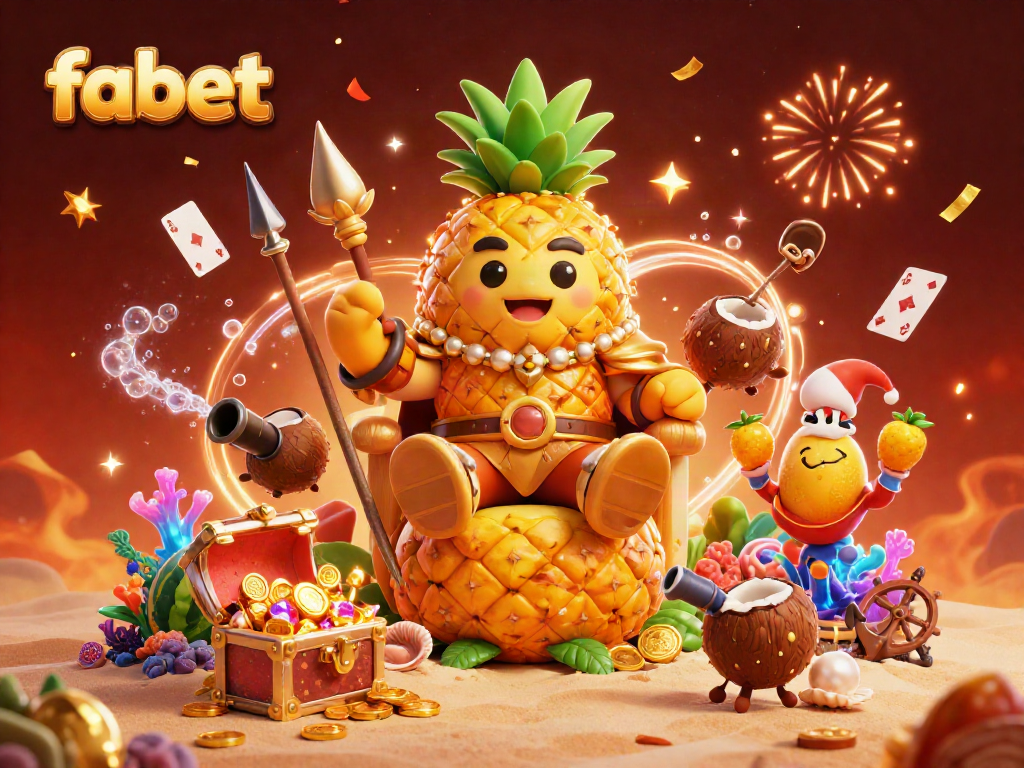 Experience the vibrant casino adventure at fabet with the golden pineapple king and his tropical guards.