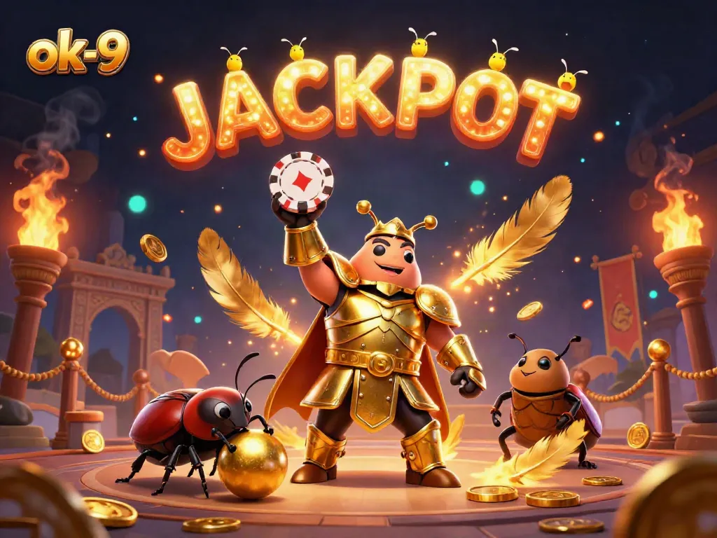 Experience the thrill of winning at ok-9 with a triumphant beetle gambler celebrating a jackpot amidst stunning casino elements.