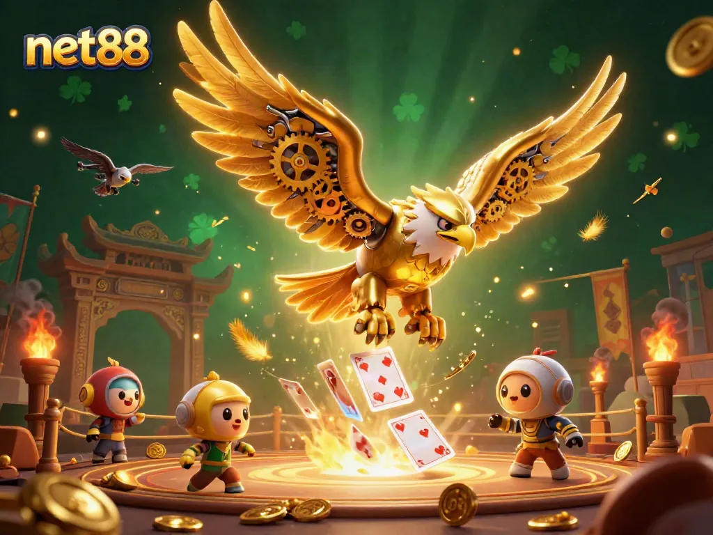 Experience thrilling action at net88 with a cybernetic eagle soaring through holographic cards in a vibrant casino scene.