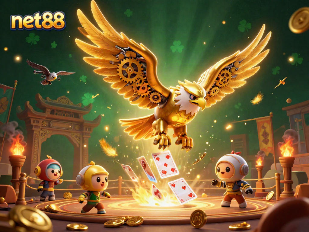 Experience thrilling action at net88 with a cybernetic eagle soaring through holographic cards in a vibrant casino scene.