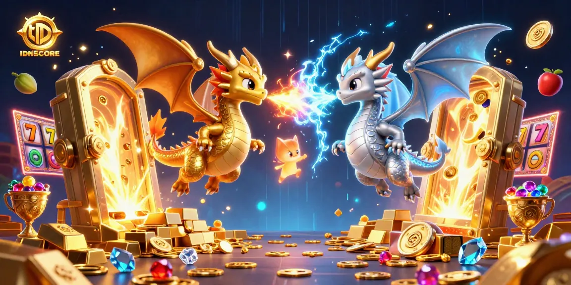 IDNSCORE showcases a thrilling scene with dragons, treasure, and casino elements, emphasizing excitement.