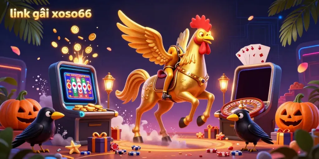 Experience thrilling arcade action with link vào xoso66 as golden rooster characters illuminate a midnight casino.