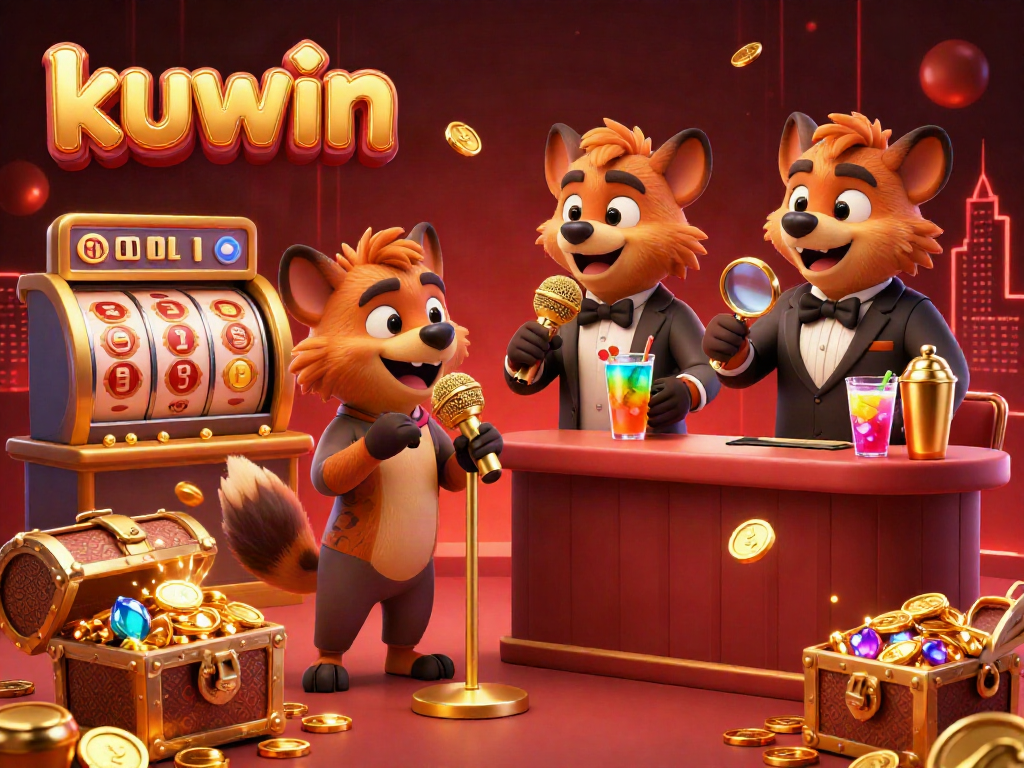 Kuwin hyenas in a vibrant casino scene, delivering comedy and mixing drinks, surrounded by slot reels and treasures.