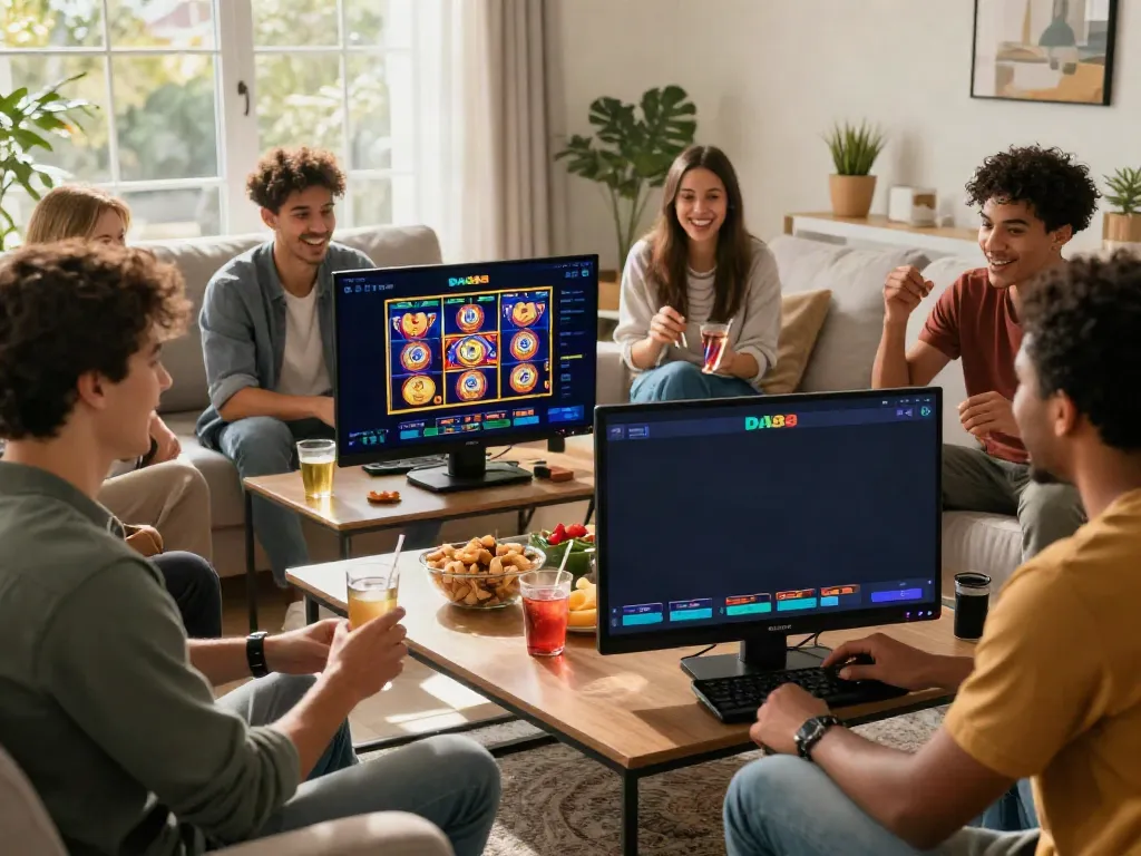 Friends enjoying online slot games at DA88 with a smartphone, vibrant living room atmosphere.