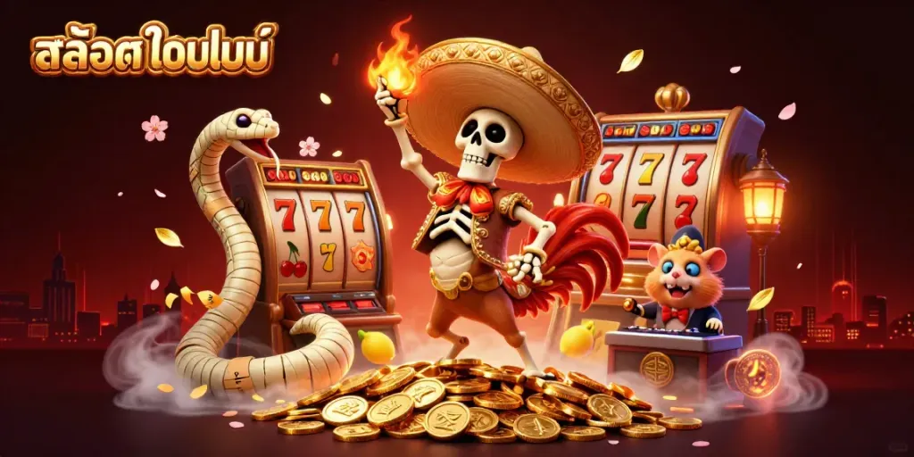 Experience the excitement of สล็อตออนไลน์ with dynamic characters celebrating on golden coins, infused with vibrant gaming elements.