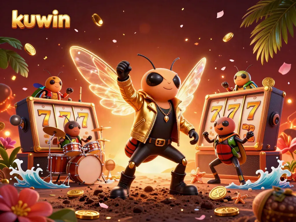 Kuwin rock star and drummer celebrate a winning slot machine moment amid rich casino elements.